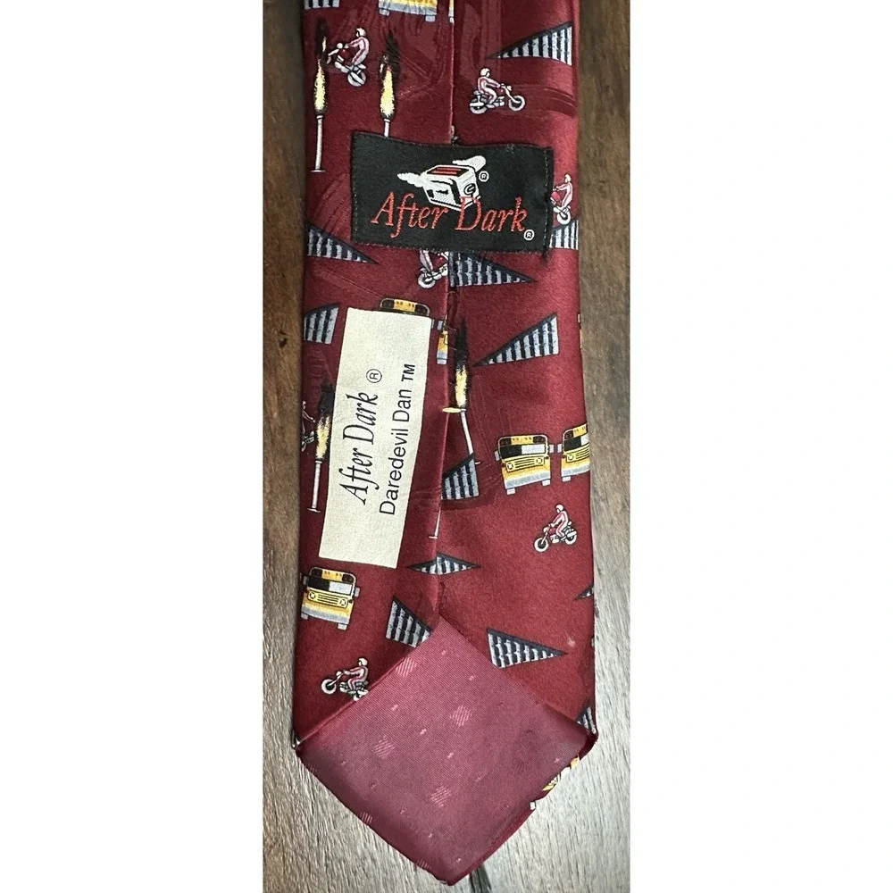 After Dark Daredevil Stunt Novelty Tie‎ Motorcycle School Bus Flames Red Silk